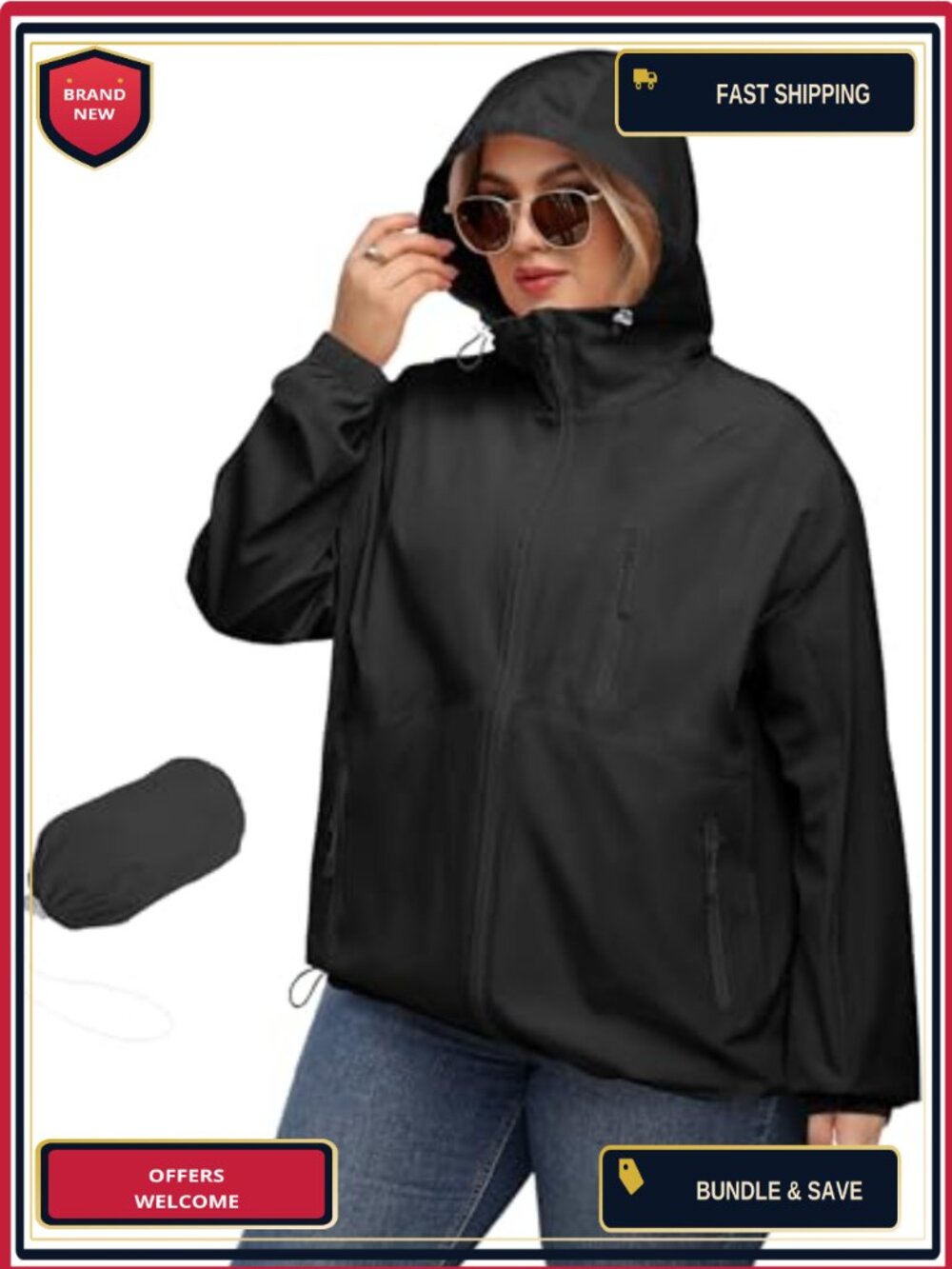 Plus Size Women's Waterproof Rain Jacket with Hood Long Sleeve Lightweight